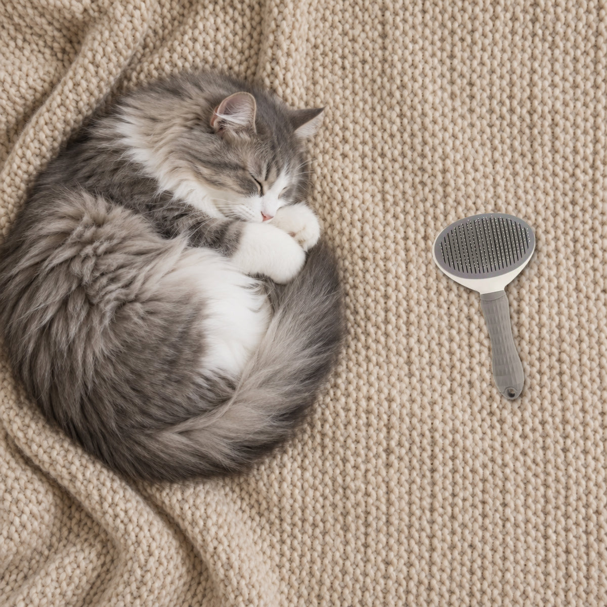 A long-haired cat curled up on a knit blanket next to the grey slicker brush