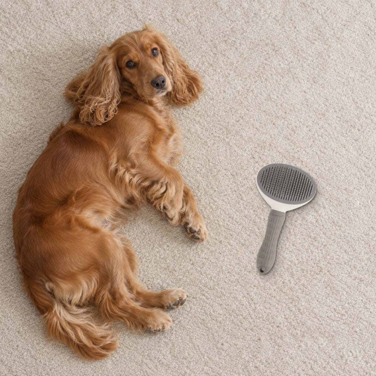 A cocker spaniel lying on a rug next to the grey slicker brush