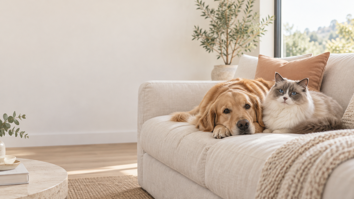 A golden retriever and a ragdoll cat resting together on a cream sofa