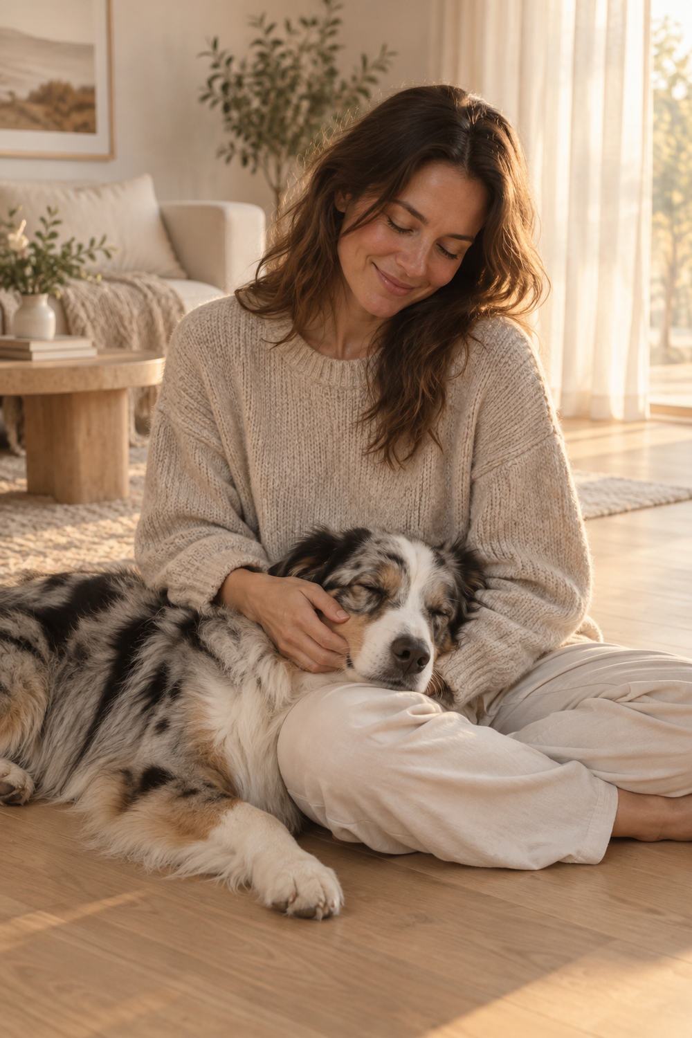 A woman sitting on the floor with her Australian Shepherd resting its head on her lap