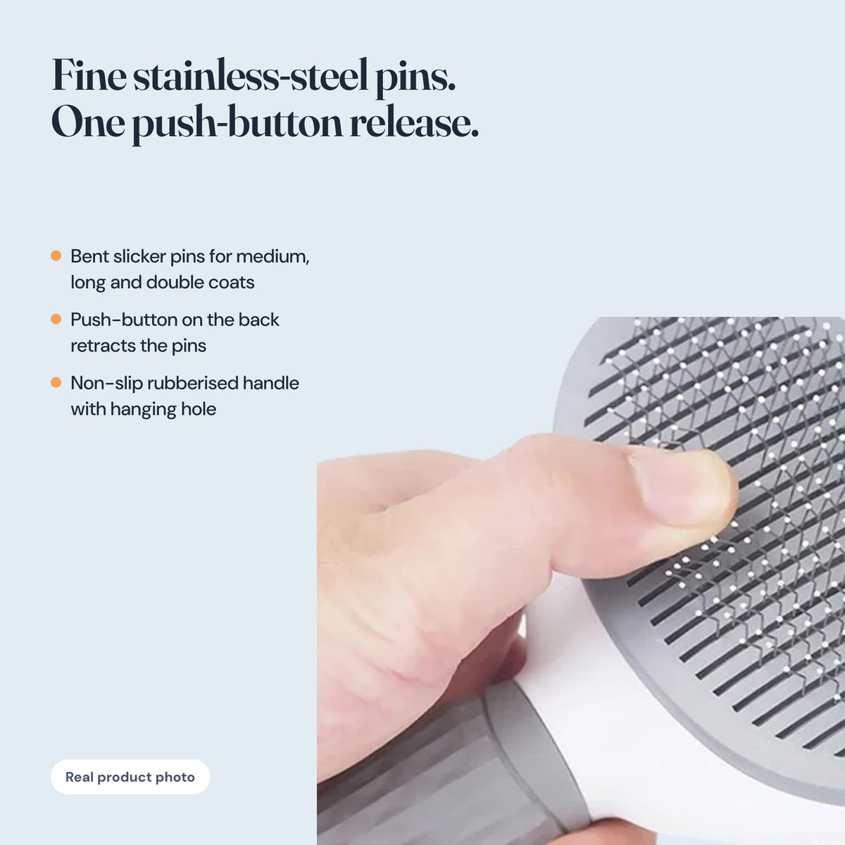 Close-up of the stainless-steel pins and push-button release