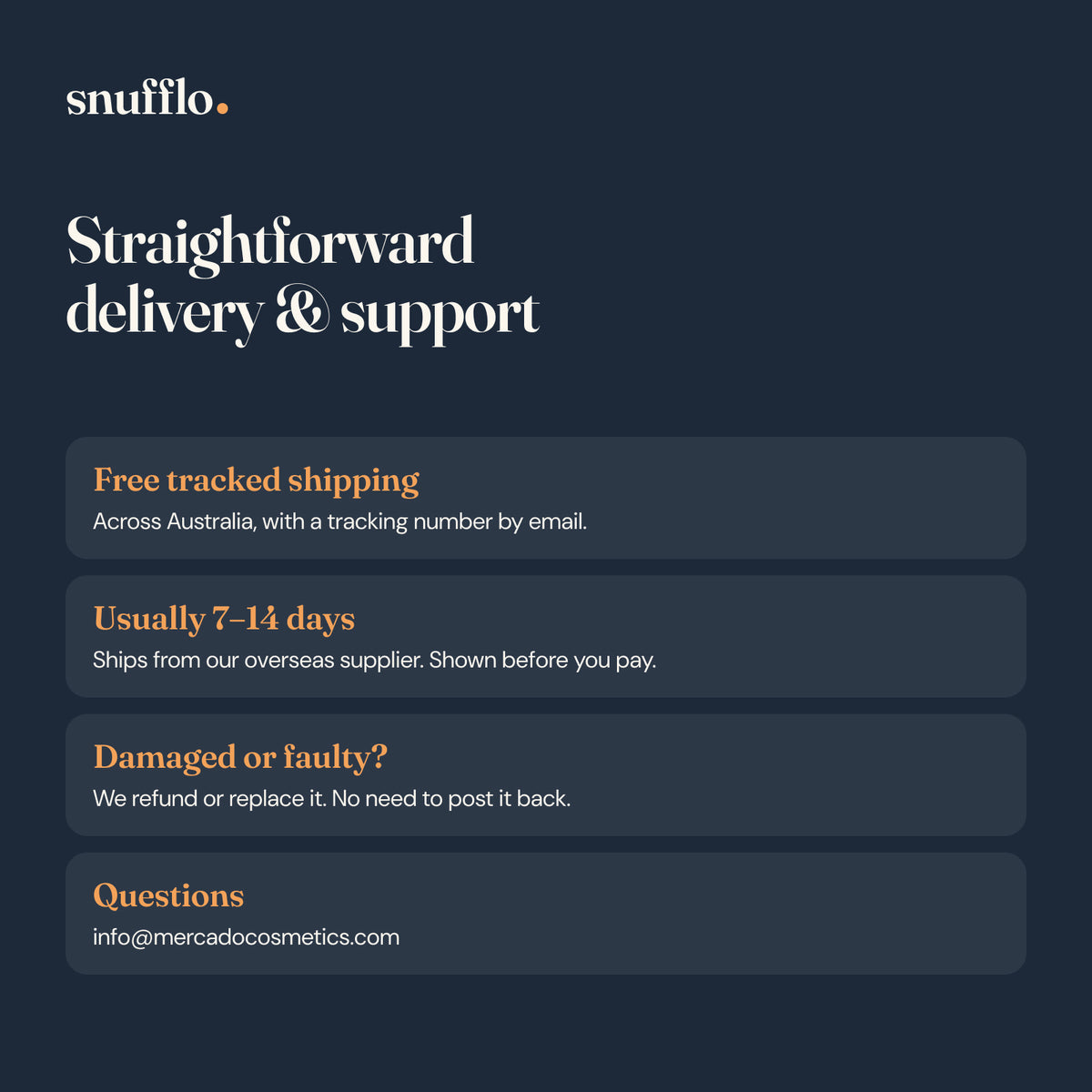 Free tracked shipping across Australia, usually 7–14 days